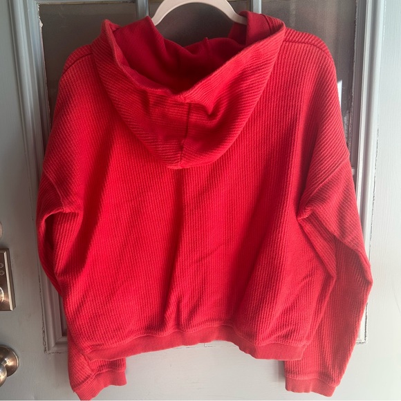 Aerie Ribbed Drawstring Cotton Hoodie Hooded Sweatshirt Red Oversized Chunky S - Picture 3 of 9